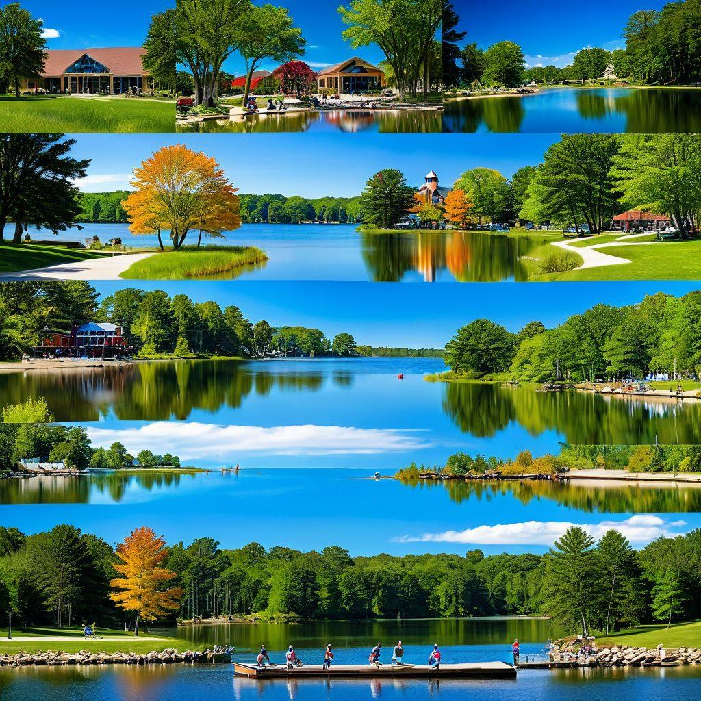 A vibrant collage showcasing Becker County's finest leisure and educational resources. Include a serene lake for relaxation, a colorful library symbolizing learning, outdoor activities like hiking and biking, and a community gathering featuring diverse groups enjoying local events. The scene is bright and inviting, capturing the essence of fun and education in nature's beauty. super-realistic. vibrant colors. dynamic composition.