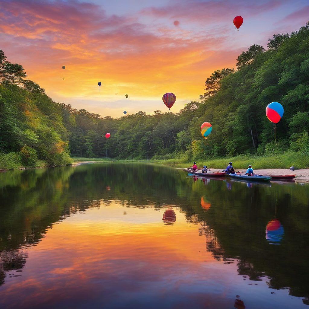 A vibrant landscape of Becker County showcasing a diverse range of outdoor adventures: hiking trails cutting through lush forests, families enjoying a lively outdoor festival, and individuals engaging in various activities like fishing and kayaking on a sparkling lake. Incorporate a colorful sunset casting a magical glow over the scene, with whimsical elements like colorful balloons or banners fluttering in the wind. super-realistic. vibrant colors. serene background.